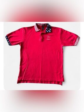 90s VTG Hilton Red Patriotic Polo Shirt L Embroidered Liberty Bell Americana USA